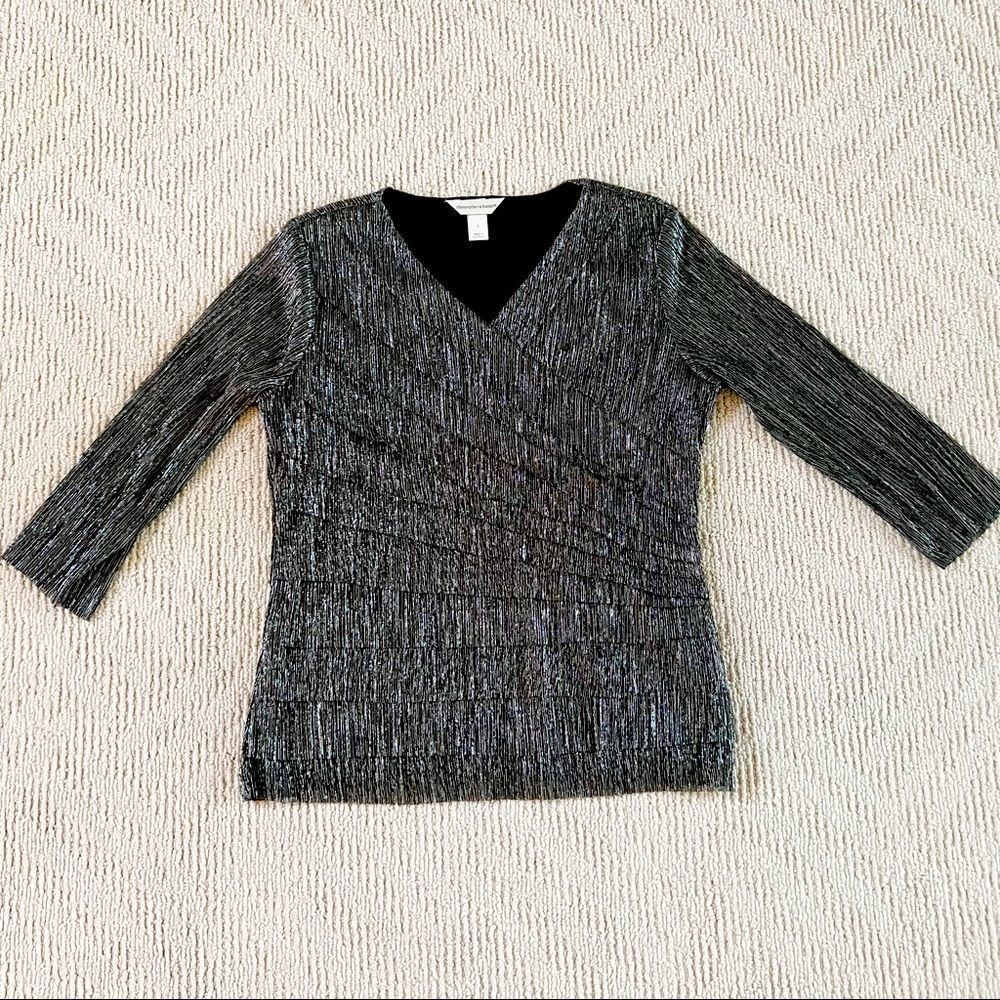 Christopher & Banks 3/4 Sleeve Metallic Black Silver Party Top Small